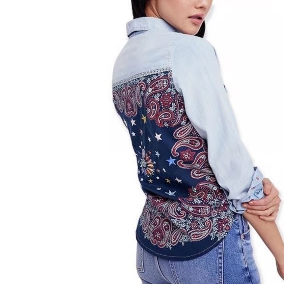 Free People Denim Bandana Back Button Down Shirt - Picture 2 of 7